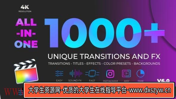 [FCPX 插件]FCPX插件-1000个拉伸旋转缩放图形水墨光效VHS故障分割转场 V6-大学生资源网
