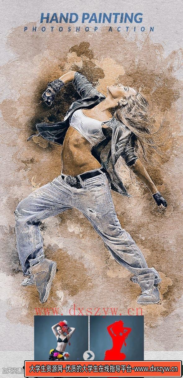 [PS动作下载]手绘效果PS动作Hand Painting Photoshop Action附视频教程-大学生资源网