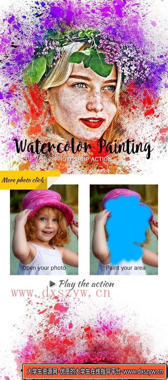 [PS动作下载]水彩喷溅绘画PS动作 Watercolor Painting Photoshop Action(附教程)-大学生资源网