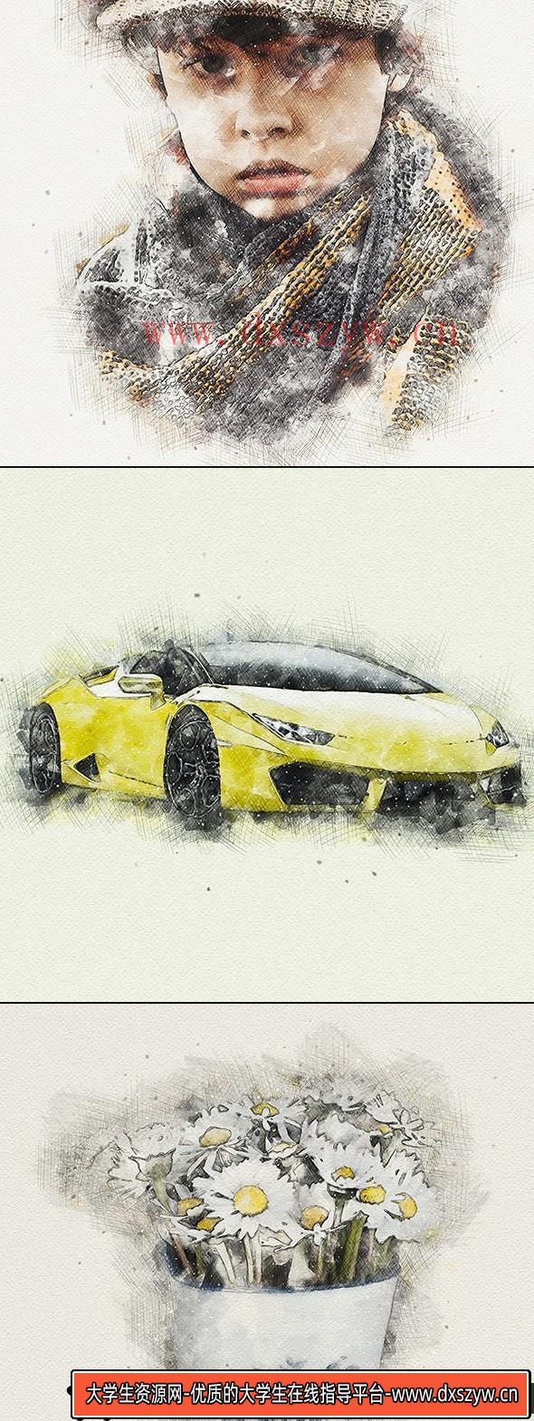 图片[2]-[PS动作下载]水彩与铅笔绘画PS特效动作Watercolor Pencil Photoshop Action附教程-大学生资源网