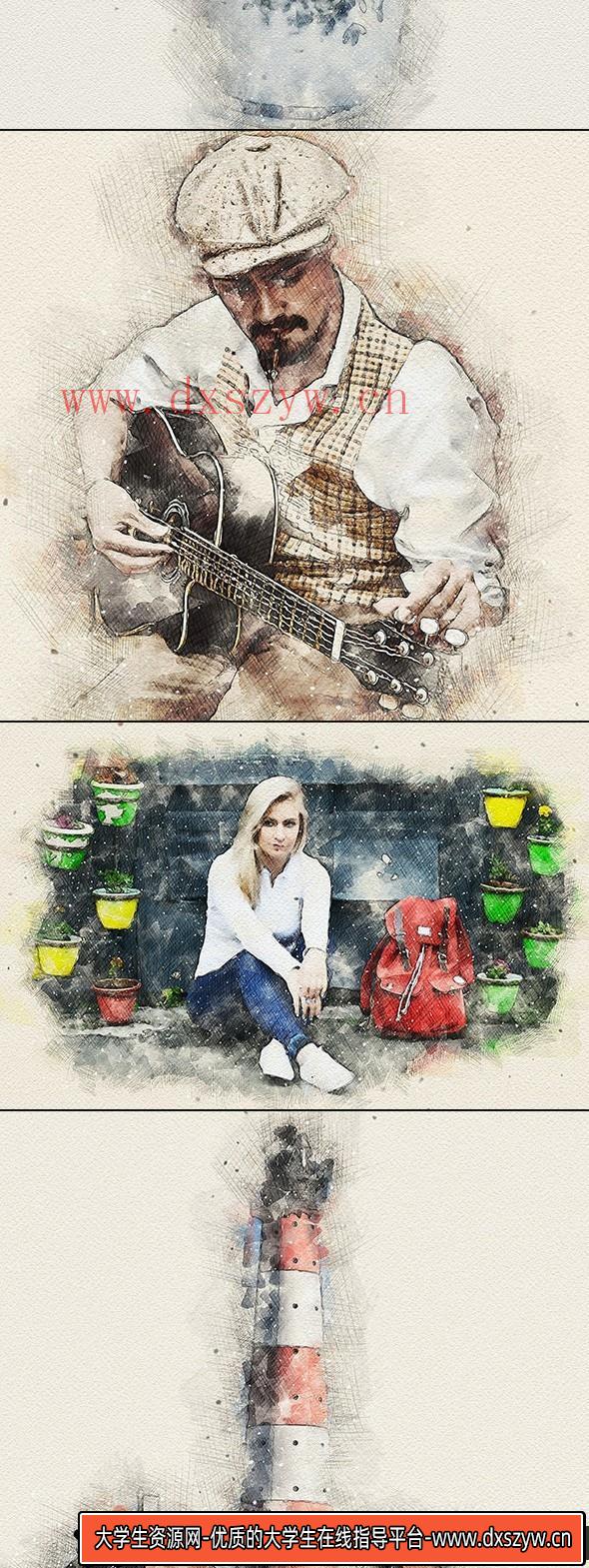 图片[3]-[PS动作下载]水彩与铅笔绘画PS特效动作Watercolor Pencil Photoshop Action附教程-大学生资源网