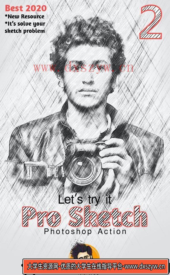 [PS动作下载]专业铅笔素描艺术PS动作 Pro Sketch Photoshop Action 2 (附视频教程)-大学生资源网