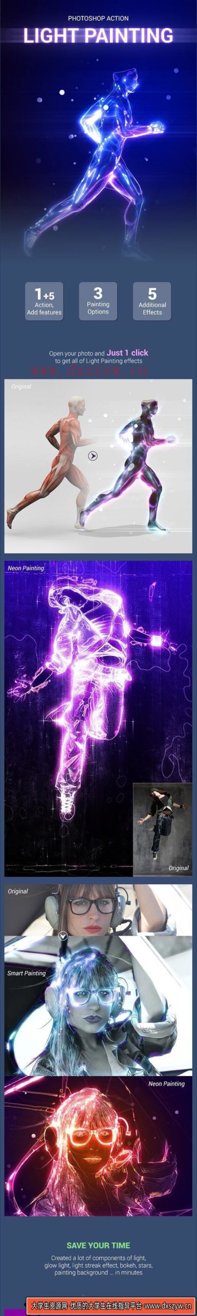 [PS动作下载]抽象霓虹灯发光光绘照片特效PS动作 Light Painting(附视频教程)-大学生资源网