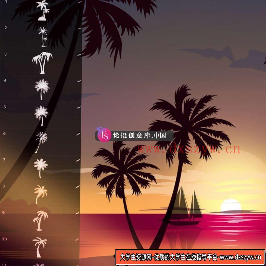 椰树棕榈剪影Procreate笔刷-大学生资源网