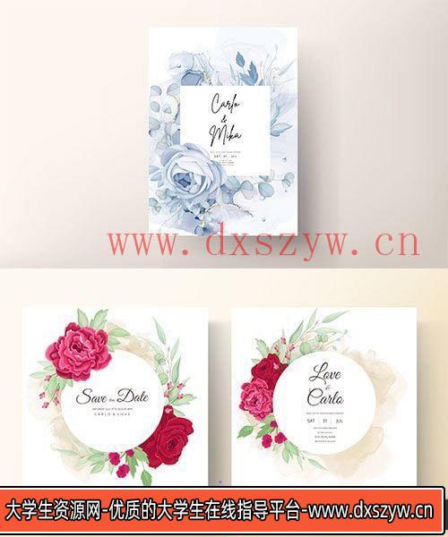 贺卡请柬优雅的鲜花婚礼邀请矢量模板EPS格式-大学生资源网